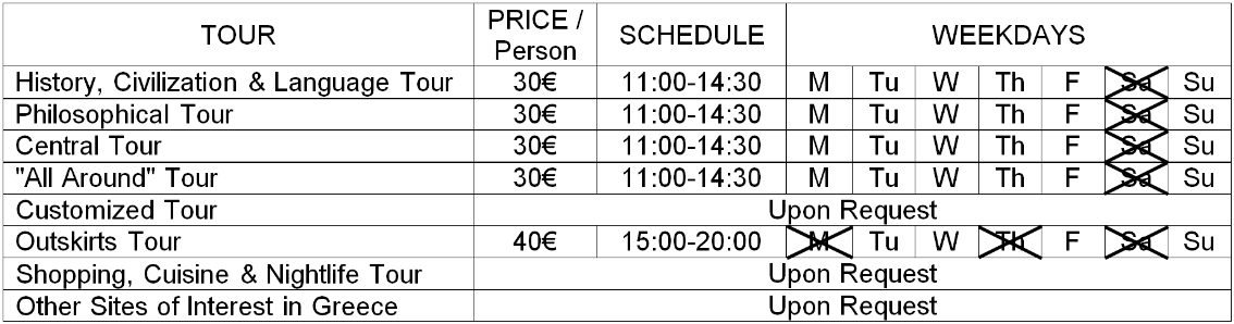 Prices - Schedule Tour of Athens